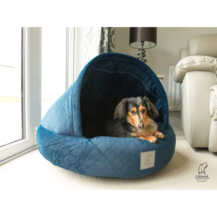 Collared Creatures Beds Collared Creatures Sapphire Blue Quilted Velour Deluxe Comfort Cocoon Dog Cave Bed
