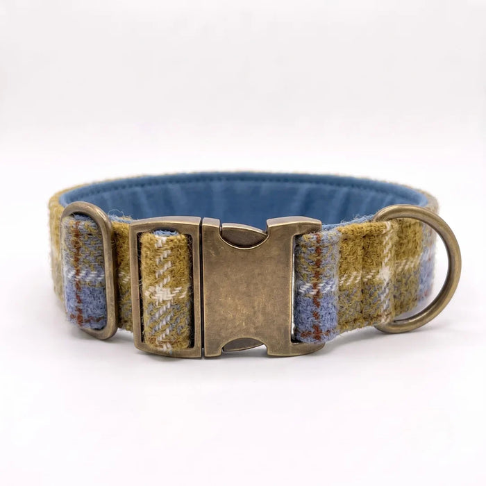 Extra Wide 38mm - Mustard & Blue Check Harris Tweed Dog Collar