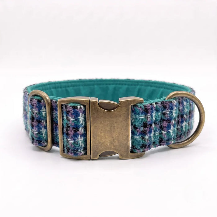 Extra Wide 38mm - Teal, Lilac & Black Harris Tweed Dog Collar