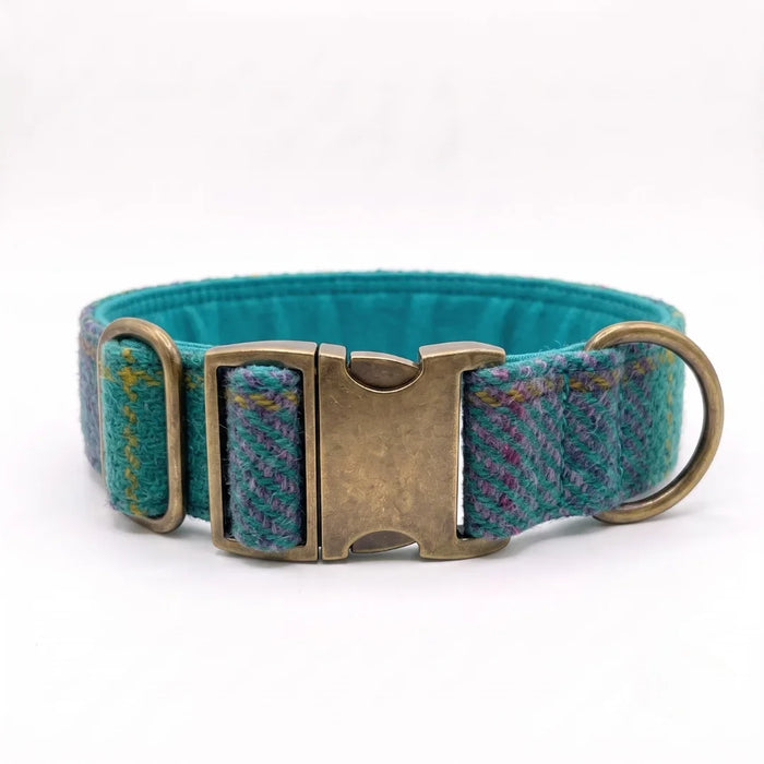 Extra Wide 38mm - Teal & Lilac Check Harris Tweed Dog Collar