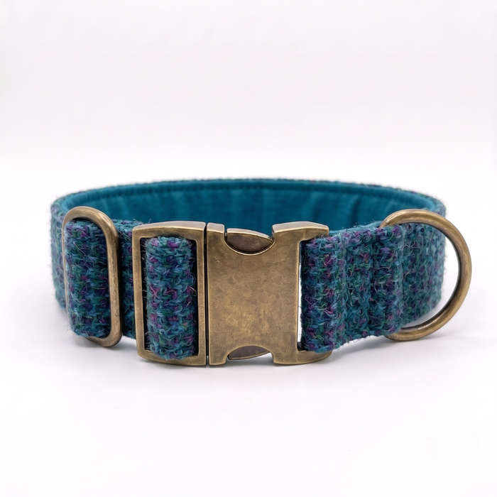 Extra Wide 38mm - Teal with a touch of Blue Harris Tweed Dog Collar