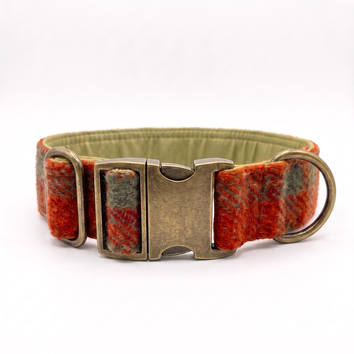 Extra Wide 38mm - Orange & Olive Check Harris Tweed Dog Collar