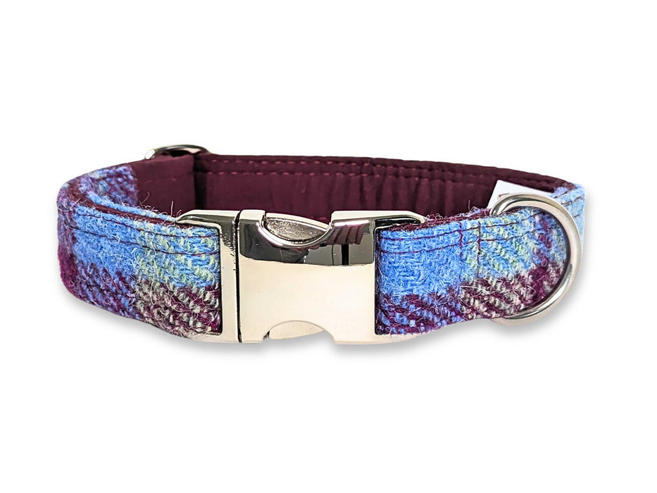 Burgundy & Blue Check Luxury Harris Tweed Dog Collar