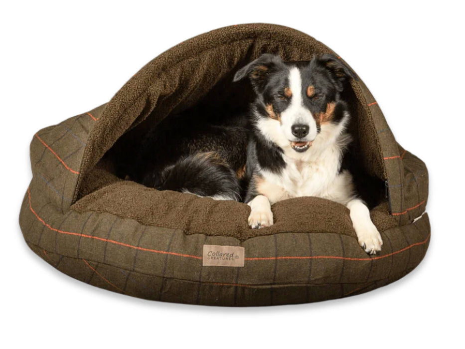 Collared Creatures - Green Tweed Cave Luxury Dog Bed