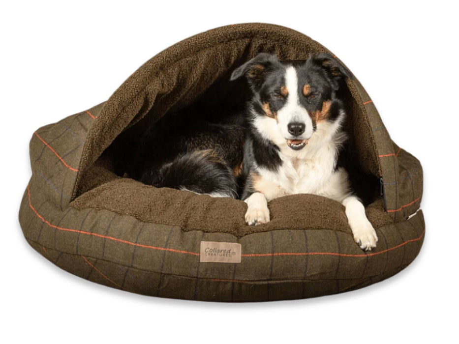 Green Tweed Luxury Dog Cave Bed with Removable Firm Hood