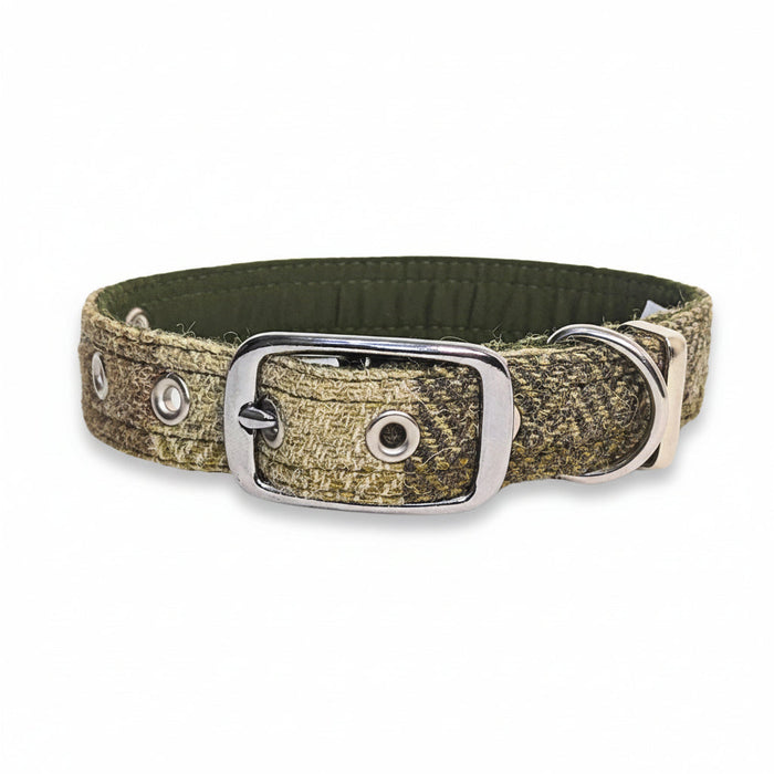 Green Block Herringbone - Buckle Fastening Luxury Harris Tweed Dog Collar