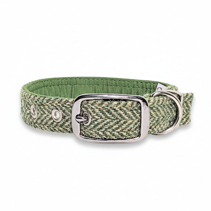 Green Herringbone - Buckle Fastening Luxury Harris Tweed Dog Collar