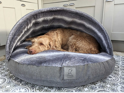 Collared Creatures - Grey Luxury Dog Cave Bed - Removable Hood