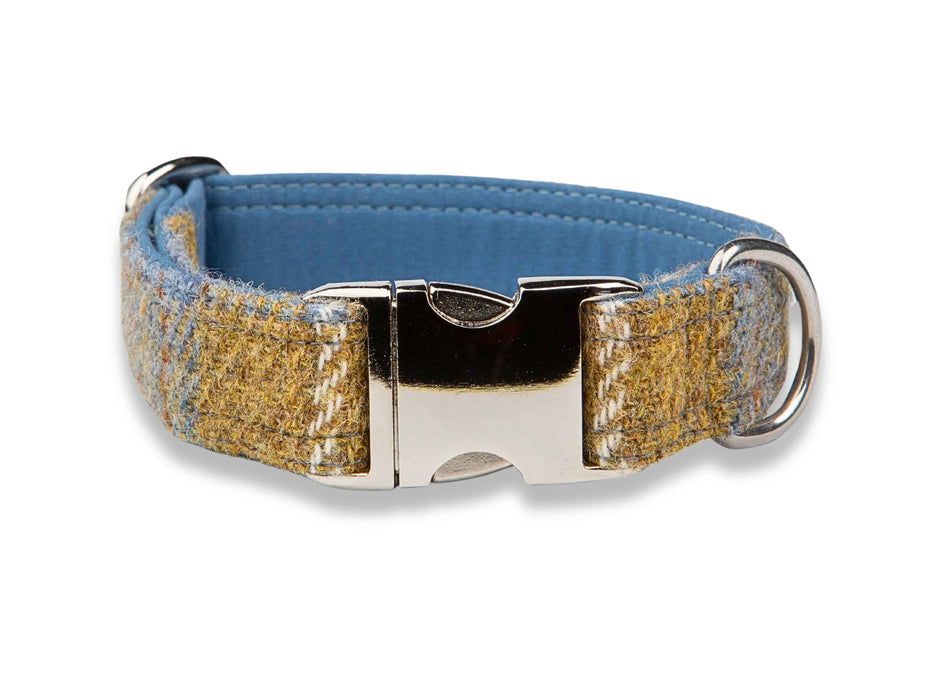 Mustard & Blue Check Luxury Harris Tweed Dog Collar