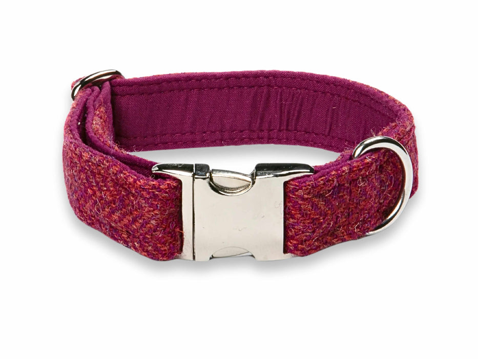 Raspberry & Coral Herringbone Harris Tweed Dog Collar