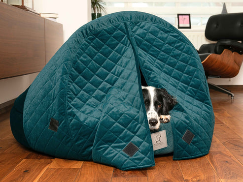 Collared Creatures Teal Quilted Velour Deluxe Comfort Cocoon Dog Cave Bed
