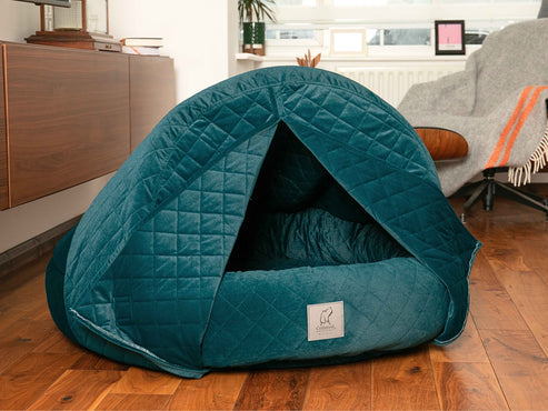 Collared Creatures Teal Quilted Velour Deluxe Comfort Cocoon Dog Cave Bed