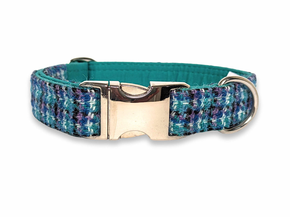Teal Lilac & Black Check Luxury Harris Tweed Dog Collar