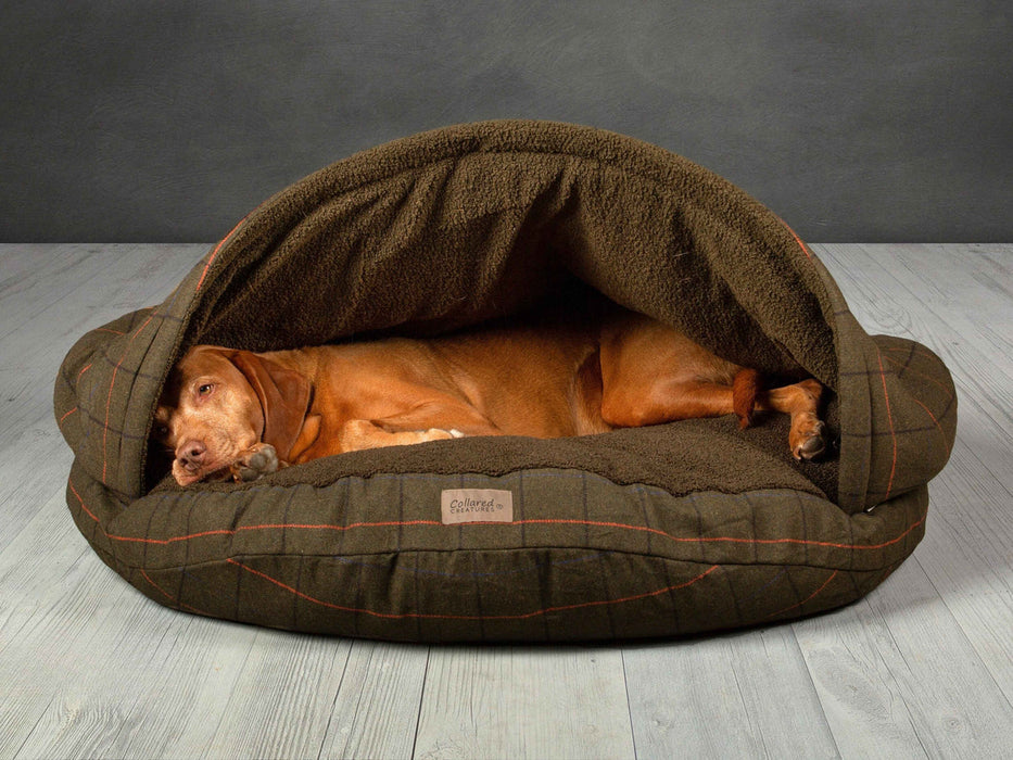 Collared Creatures - Green Tweed Cave Luxury Dog Bed