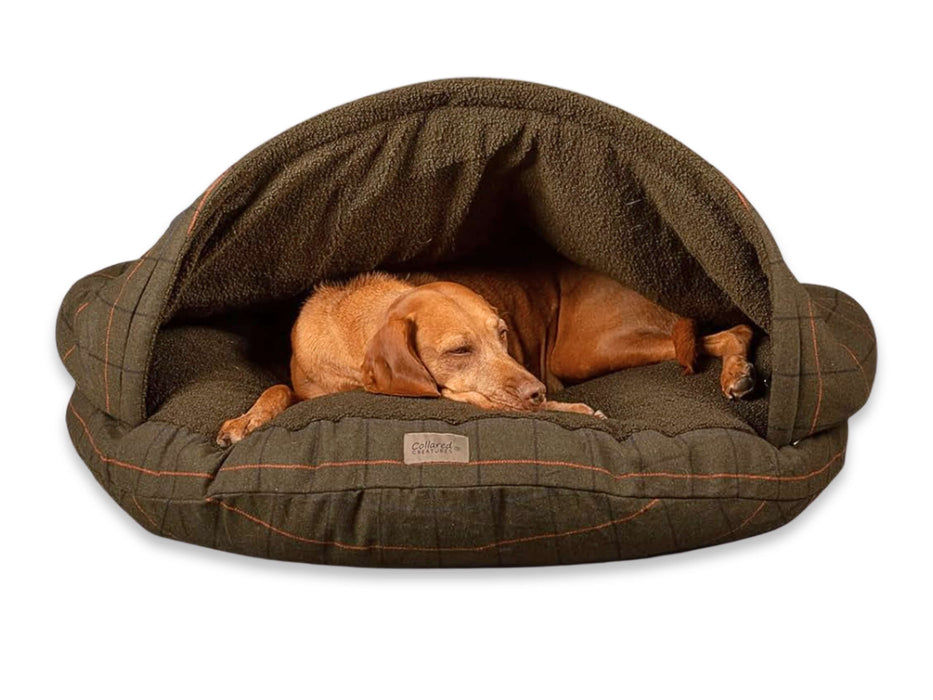 Green Tweed Luxury Dog Cave Bed with Removable Firm Hood