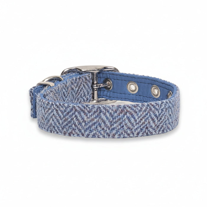 Blue Herringbone - Buckle Fastening Luxury Harris Tweed Dog Collar