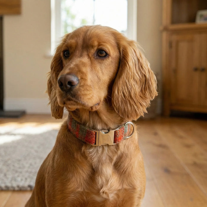 Orange & Olive Check Harris Tweed Luxury Dog Collar