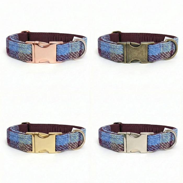 Burgundy & Blue Check Luxury Harris Tweed Dog Collar