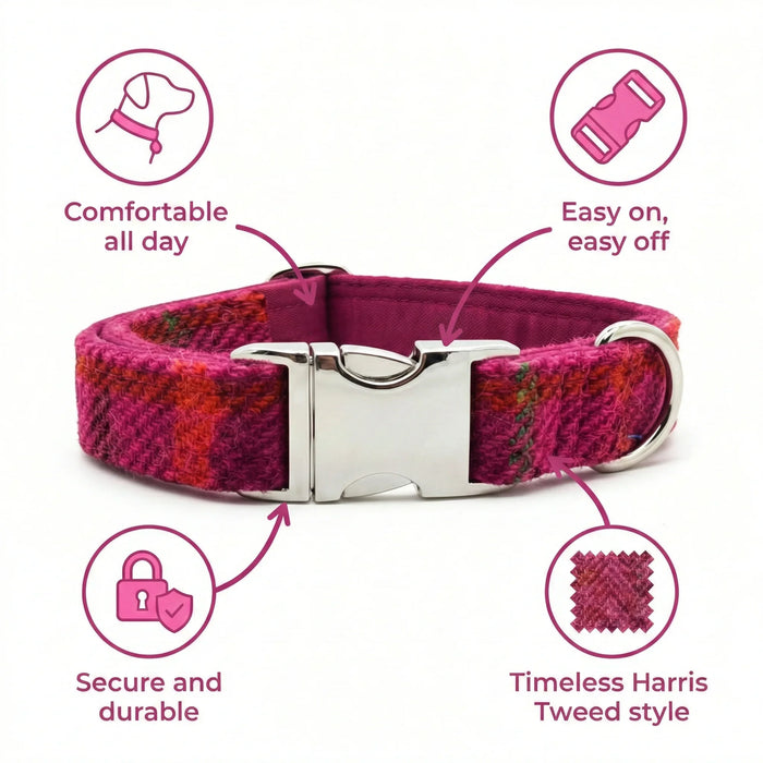 Cerise Check Luxury Harris Tweed Dog Collar
