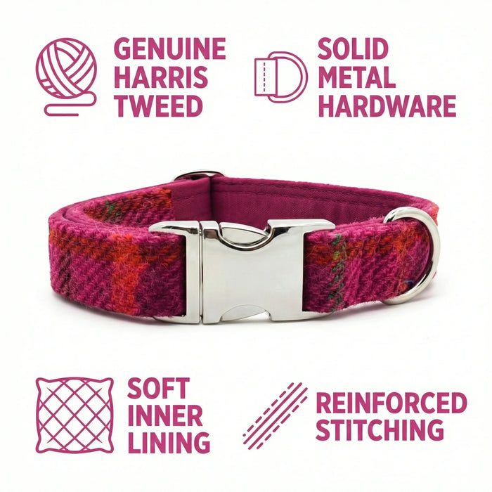 Cerise Check Luxury Harris Tweed Dog Collar