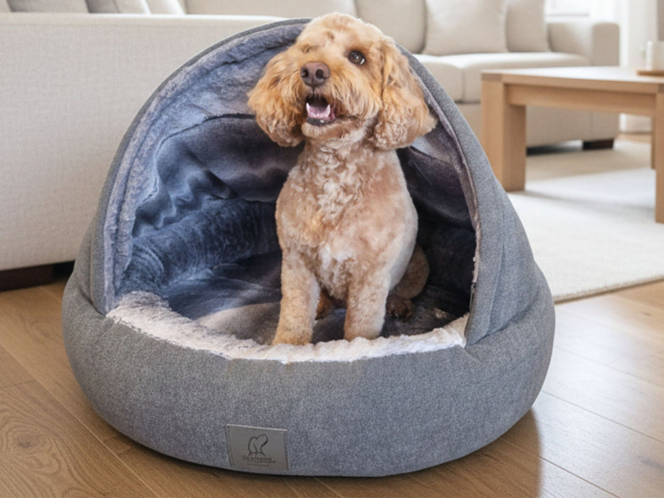 Collared Creatures - Grey Deluxe Cocoon Luxury Cave Dog Bed with New Grey Faux Fur Interior