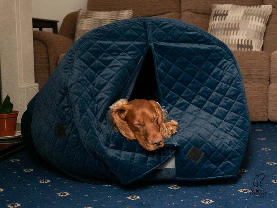 Collared Creatures Beds 60cm Diameter with Curtain Collared Creatures Sapphire Blue Quilted Velour Deluxe Comfort Cocoon Dog Cave Bed
