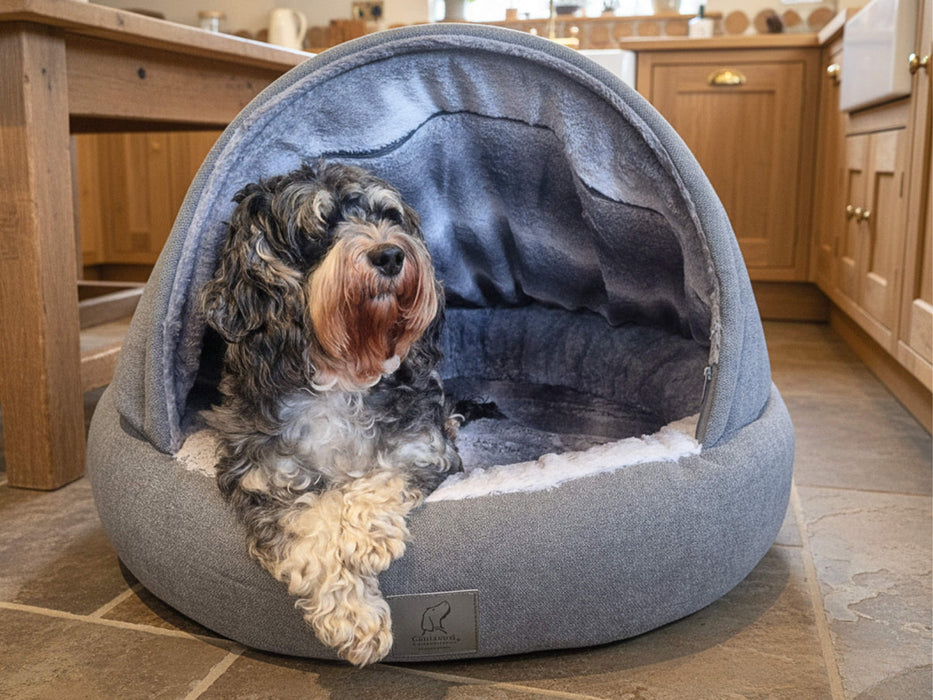 Collared Creatures - Grey Deluxe Cocoon Luxury Cave Dog Bed with New Grey Faux Fur Interior