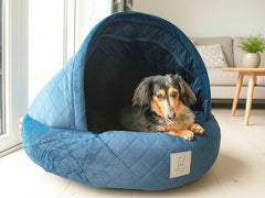 Collared Creatures Sapphire Blue Quilted Velour Deluxe Comfort Cocoon Dog Cave Bed