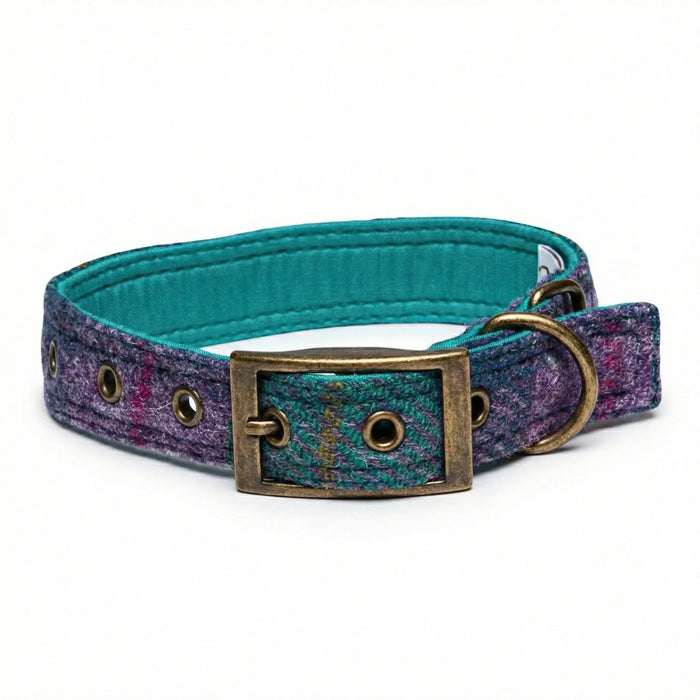 Teal & Lilac Check - Buckle Fastening Luxury Harris Tweed Dog Collar