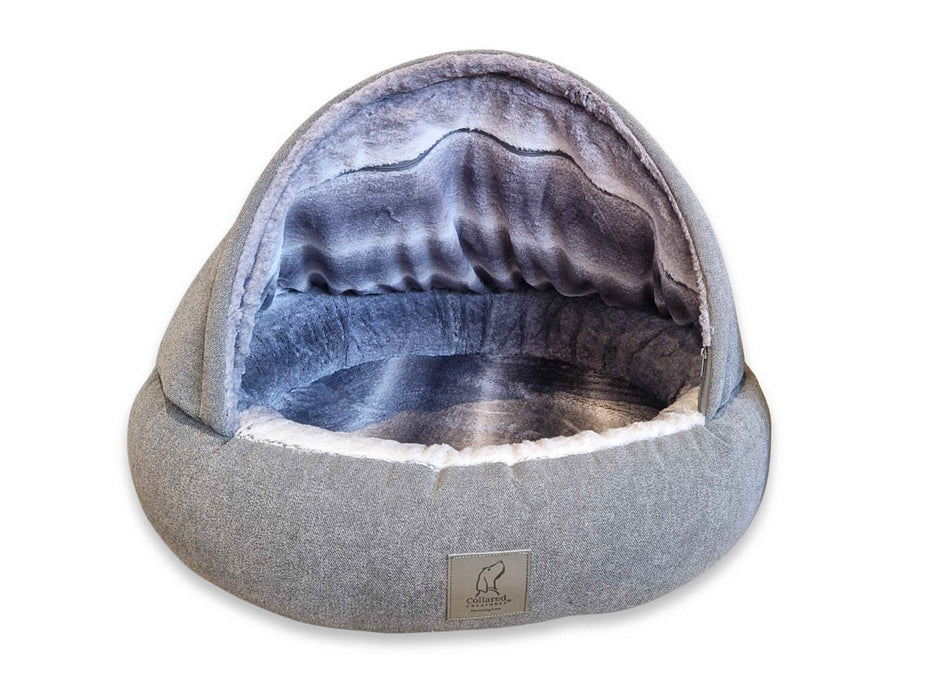 Collared Creatures - Grey Deluxe Cocoon Luxury Cave Dog Bed with New Grey Faux Fur Interior