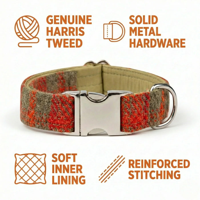 Orange & Olive Check Harris Tweed Luxury Dog Collar