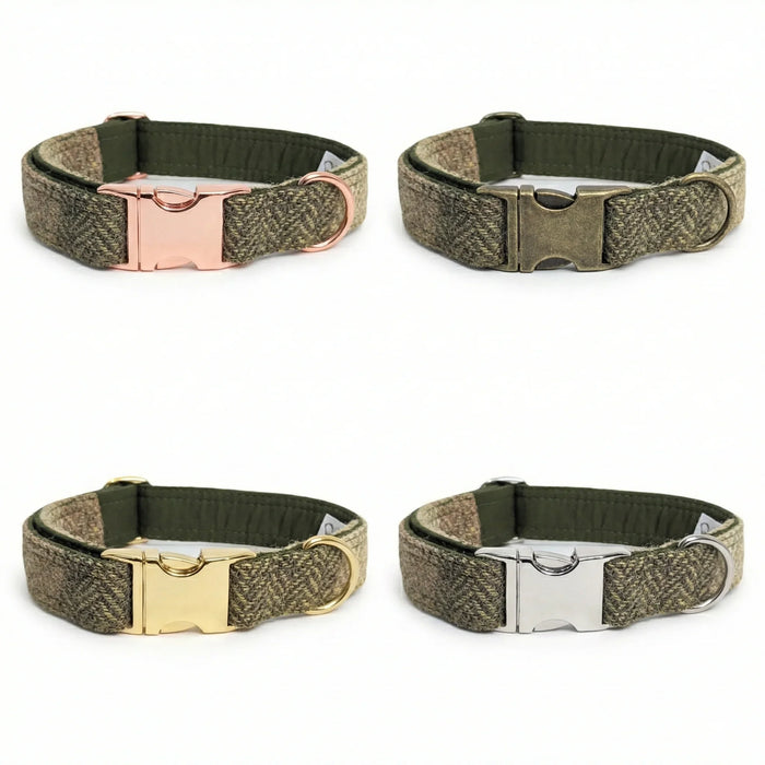 Green Block Herringbone Luxury Harris Tweed Dog Collar