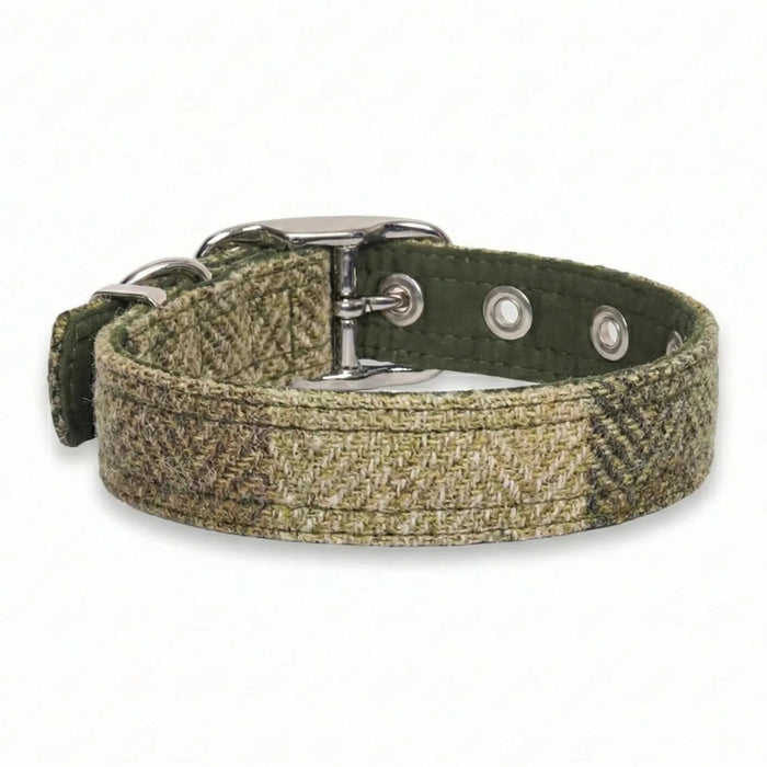 Green Block Herringbone - Buckle Fastening Luxury Harris Tweed Dog Collar