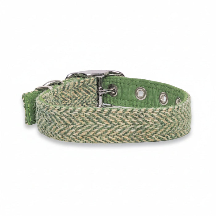 Green Herringbone - Buckle Fastening Luxury Harris Tweed Dog Collar
