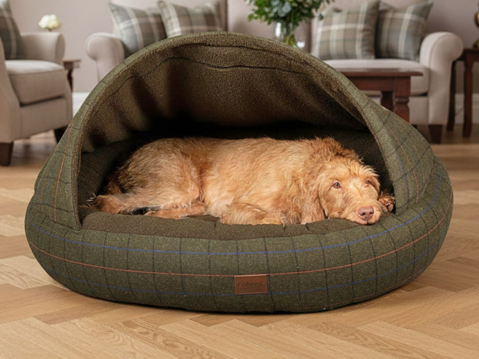 Luxury Green Tweed Deluxe Cocoon Dog Cave Bed