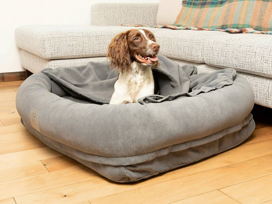 Grey Bolster Hoodied Dog Bed - Removable Hood