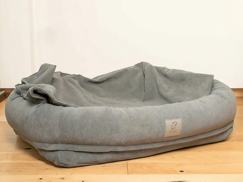 Collared Creatures - Luxury Grey Hoodied Bolster Dog Bed - Removable Hood