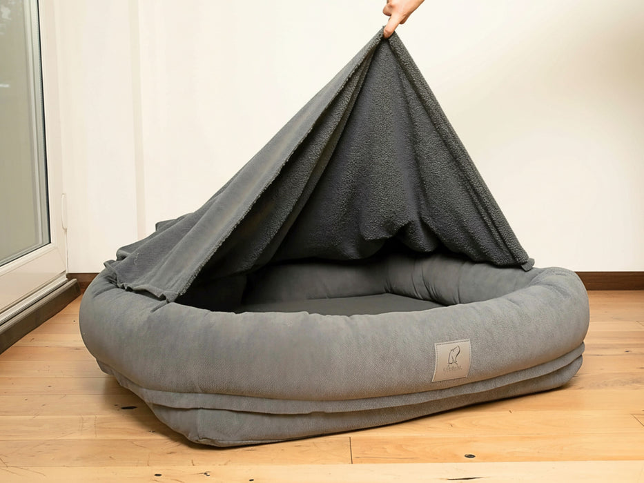 Grey Bolster Hoodied Dog Bed - Removable Hood