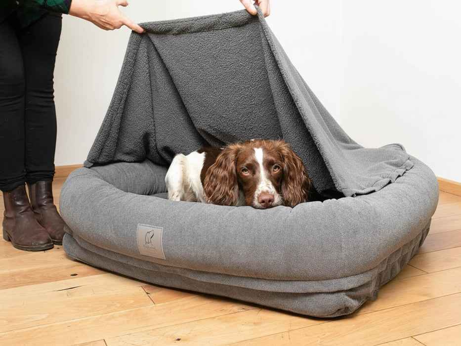 Grey Bolster Hoodied Dog Bed - Removable Hood