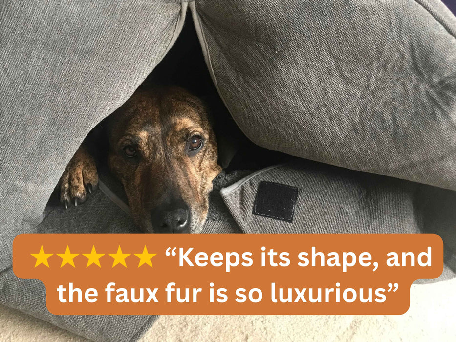 Grey Deluxe Comfort Cocoon Dog Bed Grey Faux Fur Interior