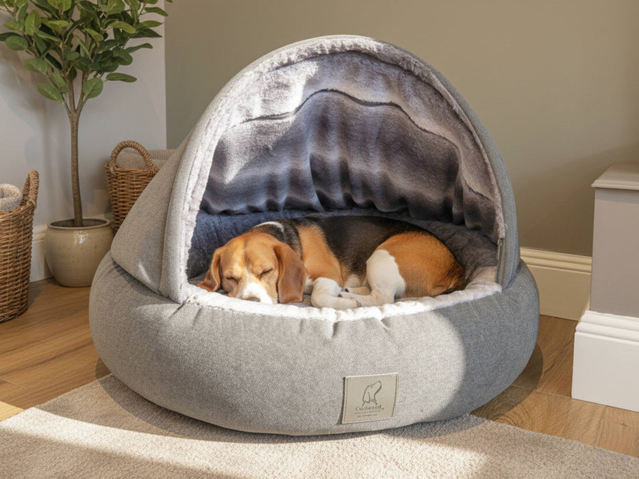 Grey Deluxe Comfort Cocoon Dog Bed Grey Faux Fur Interior