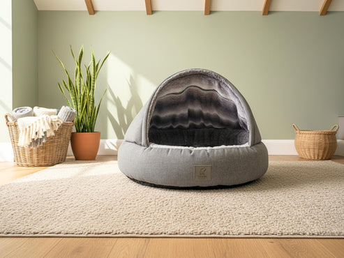 Collared Creatures - Grey Deluxe Cocoon Luxury Cave Dog Bed with New Grey Faux Fur Interior
