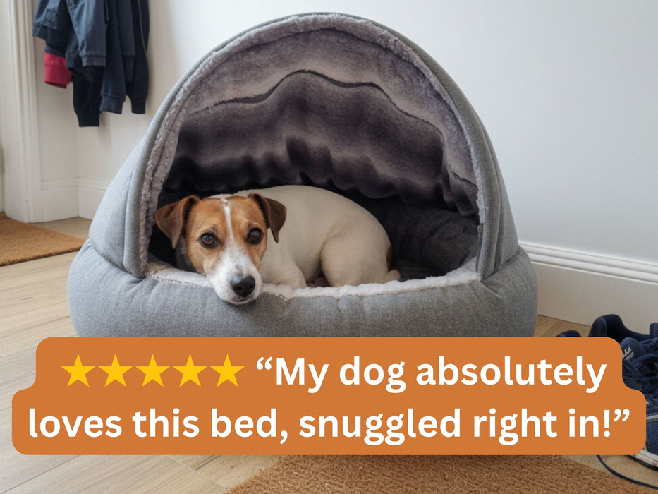 Grey Deluxe Comfort Cocoon Dog Bed Grey Faux Fur Interior