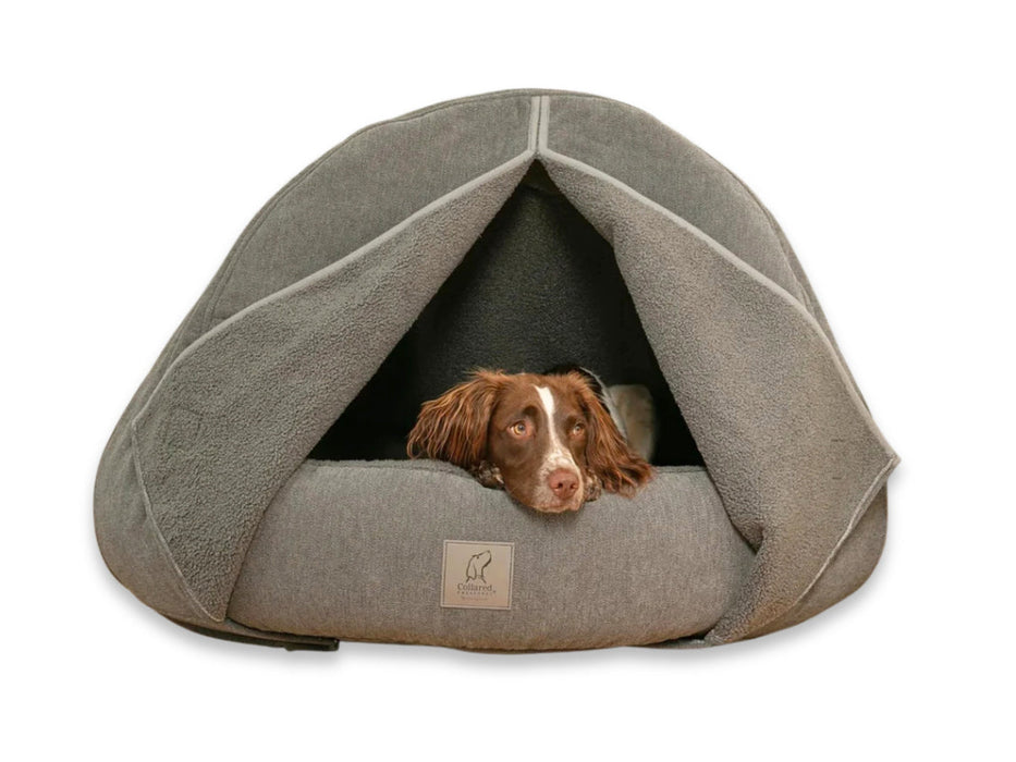 Collared Creatures - Grey Deluxe Cocoon Luxury Cave Dog Bed with New Grey Faux Fur Interior