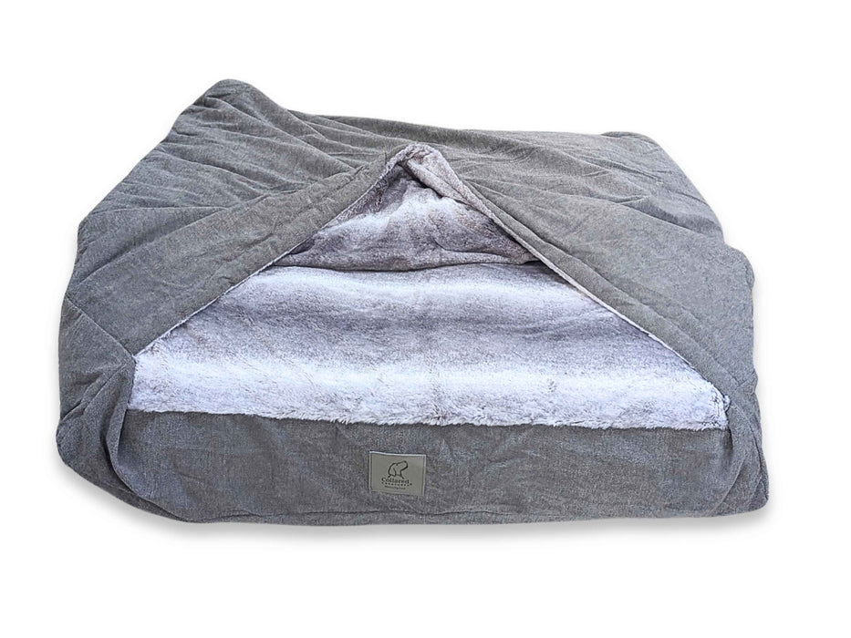 Grey Luxury Dog Snuggle Bed - Snuggle Sack faux fur inner material