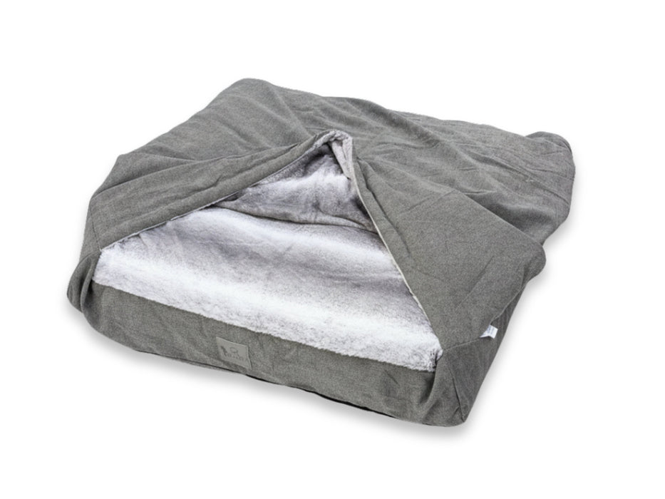 Grey Luxury Dog Snuggle Bed - Snuggle Sack faux fur inner material