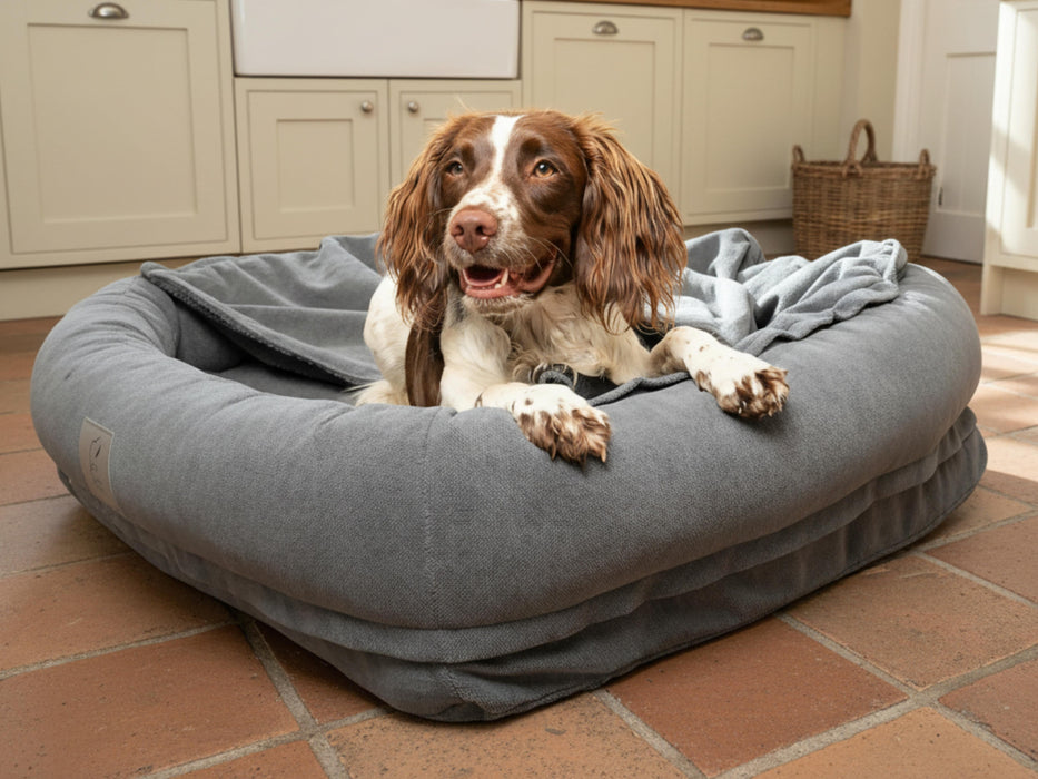 Grey Bolster Hoodied Dog Bed - Removable Hood