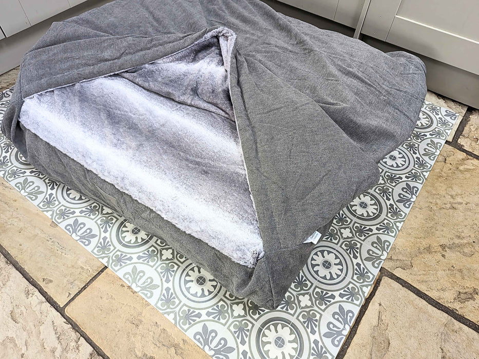 Grey Luxury Dog Snuggle Bed - Snuggle Sack faux fur inner material