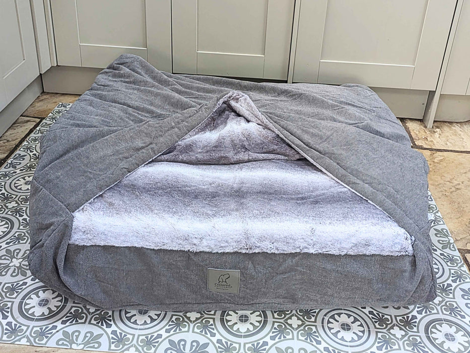 Grey Luxury Dog Snuggle Bed - Snuggle Sack faux fur inner material