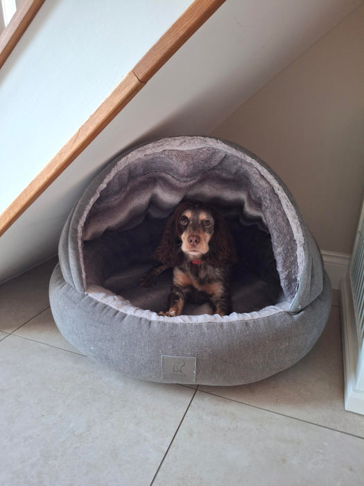 Grey Deluxe Comfort Cocoon Dog Bed Grey Faux Fur Interior